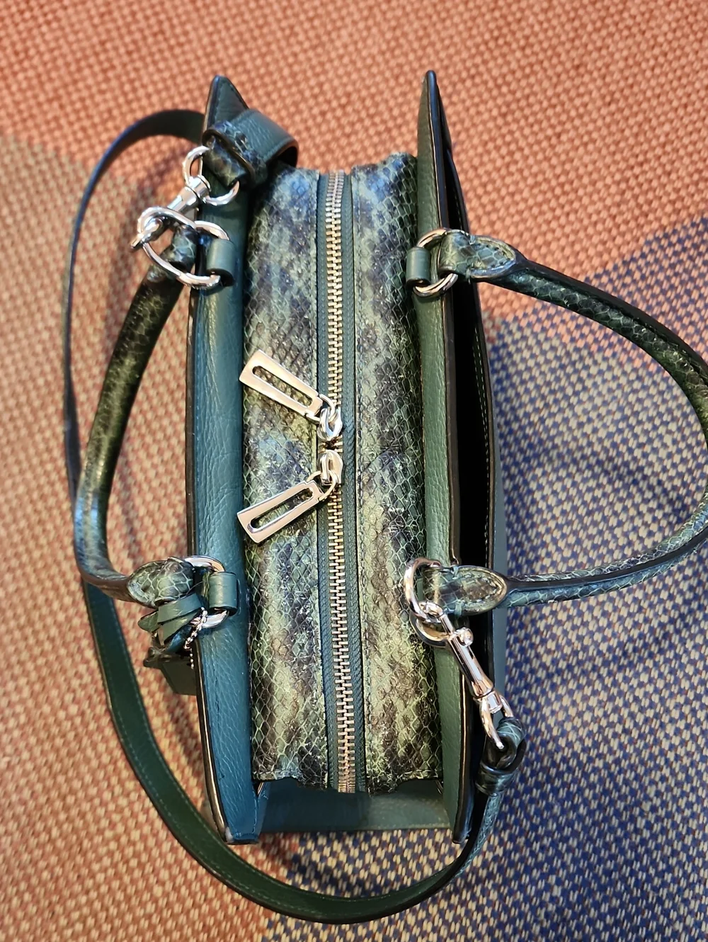 Coach Zoe Carryall 91026 Forest Green Pebble Leather Snake Embossed Satchel